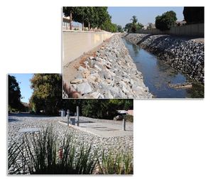 Multiple images, one with a water channel and another with a concrete pad surrounded by a pebble road