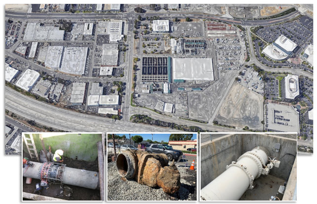 Multiple images including an aerial city view, two images of large diameter pipelines, and a corroded section of cut pipe.