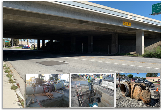 Multiple images including freeway underpass, large pipe lifted by crane, an open trench, and rusted cut piece of pipe 